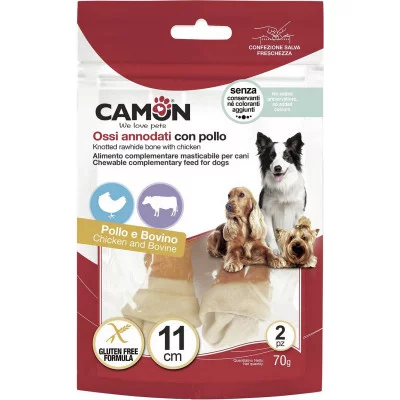 Снек для собак CAMON в'язана кістка з яловичої шкіри з курко..
