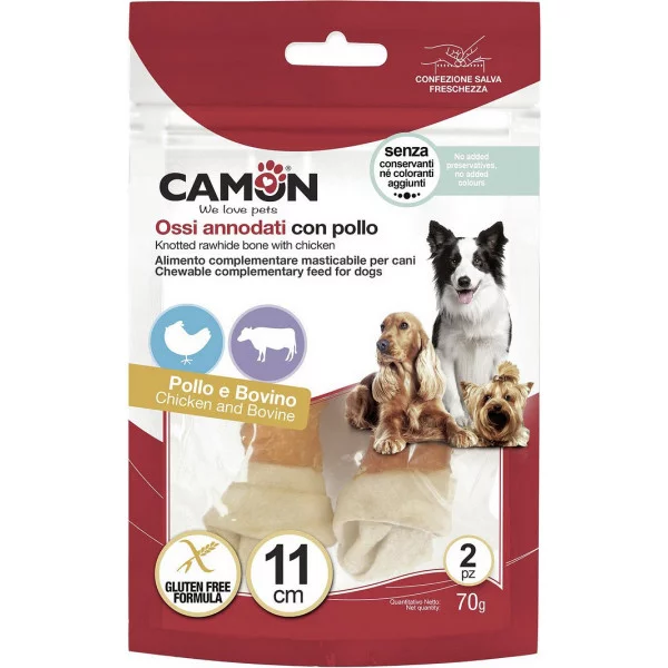 Снек для собак CAMON в'язана кістка з яловичої шкіри з куркою, 11 см