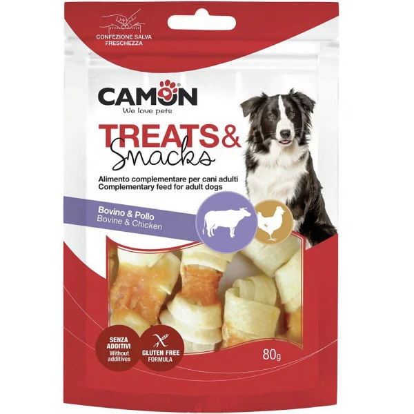 Снек для собак CAMON в'язана кістка з яловичої шкіри з куркою, 6 см