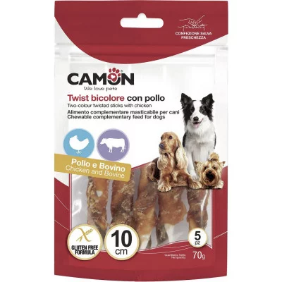 Снек для собак CAMON двоколірні кручені палички з яловичої ш..