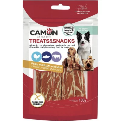 Снек для собак CAMON джеркі з куркою, тріскою і яловичою шкі..