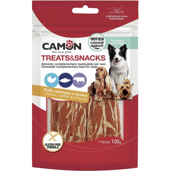 Снек для собак CAMON джеркі з куркою, тріскою і яловичою шкірою
