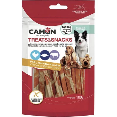Снек для собак CAMON стріпси з куркою, тріскою і яловичою шк..
