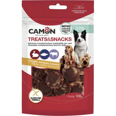 Снек для собак CAMON монети з кролика, тріски і яловичої шкі..
